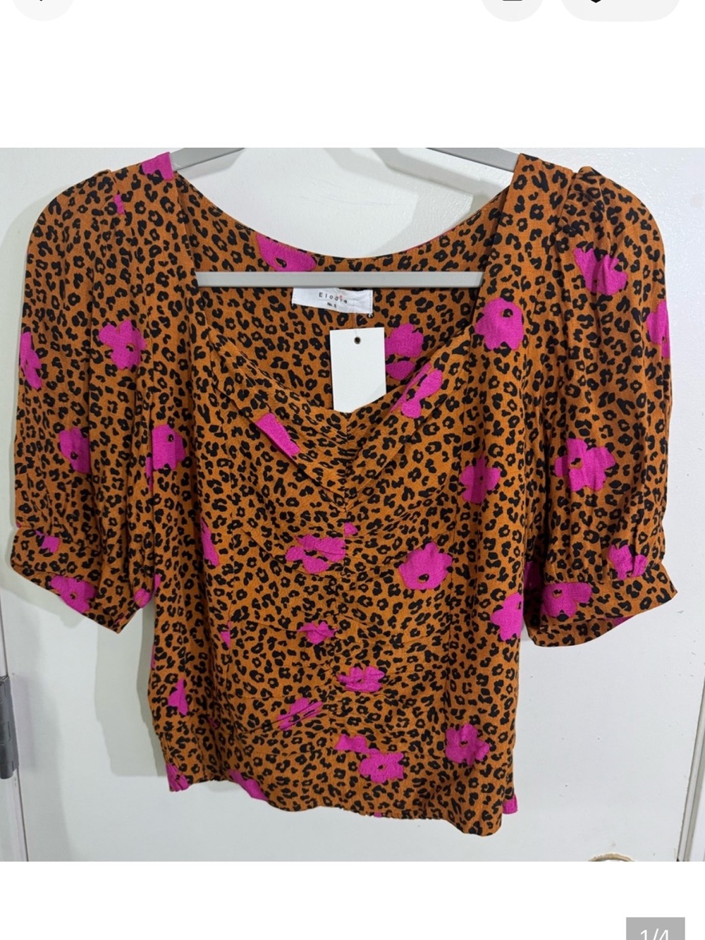 Elodie Leopard Print Puff Sleeve Top in Brown and Pink